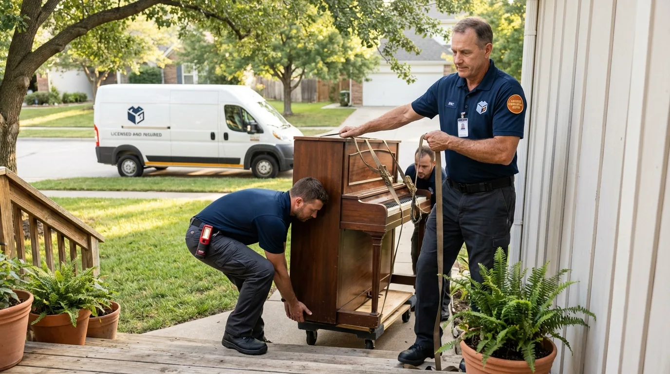 Licensed piano movers securing grand piano in Farmington, MI