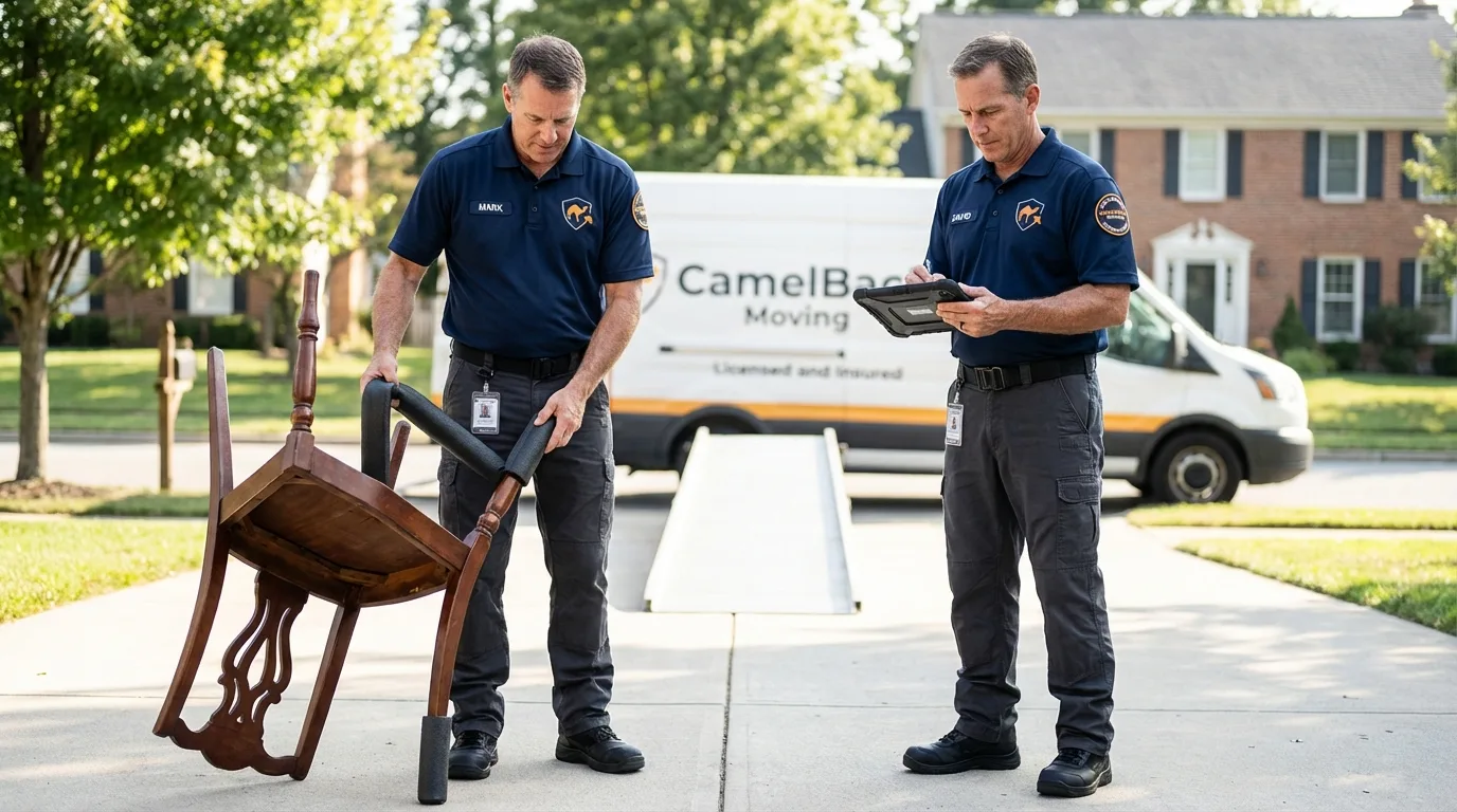 Movers inspecting furniture for damage prevention before loading in Farmington, MI