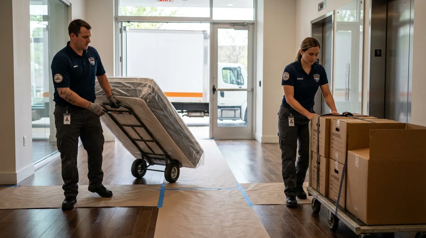 Professional apartment movers loading elevator in Farmington, MI
